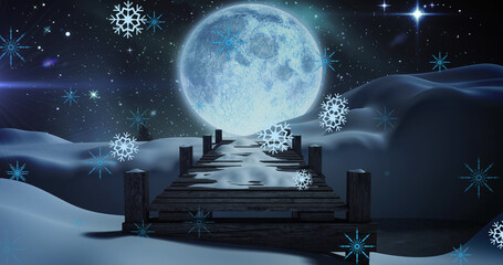 Fototapeta premium Image of white christmas snowflakes falling at night with full moon and snow covered bridge