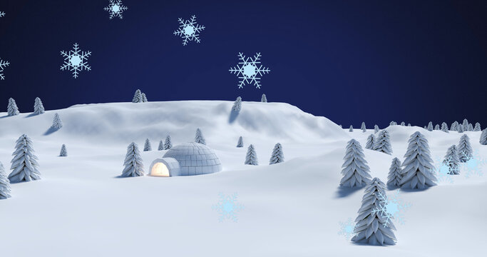 Image of christmas snowflakes falling over glowing igloo in snow covered landscape
