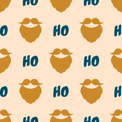 Christmas vector pattern. Seamless background with a beard, mustache, and text Ho Ho Ho. Colour palette Pop Art Style. Festive design for poster backdrop, gift wrappers, textile, fabrics, cards, etc.