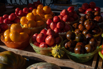 Market counter with different varieties of tomatoes, fresh and healty food, health care