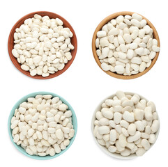 Set with uncooked beans on white background, top view