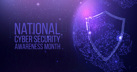 National Cyber Security Awareness Month. Wireframe polygonal shield with globe map. Cyber security, world protection concept with glowing low poly guard. Futuristic abstract vector illustration.