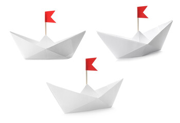 Paper boats with red flags on white background, collage