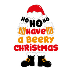 Ho ho ho have a beery Christmas - funny saying with beer mug and santa hat and boots. Good for t shirt print, poster, card, label and other gifts desin. - obrazy, fototapety, plakaty