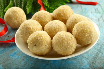 Indian traditional sweets- homemade sooji, rava ladoo, laddu,