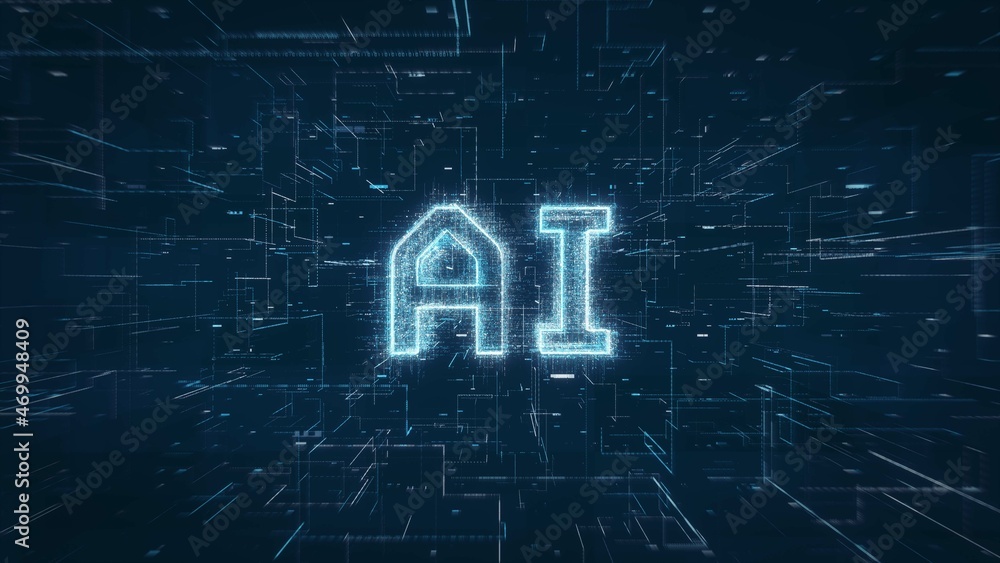 Poster AI Artificial Intellgence title key word on a binary code digital network background