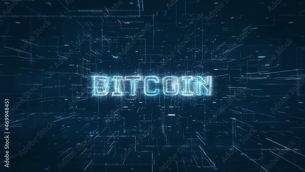 Poster bitcoin crypto currency title key word build on a binary code digital network background
