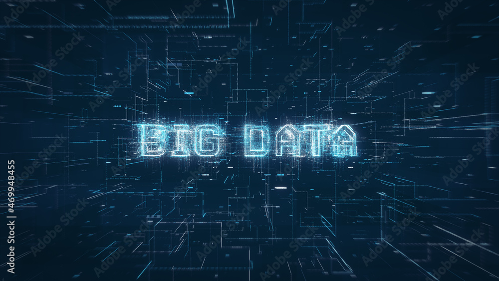 Poster big data title key word build up animation on a binary code digital network background