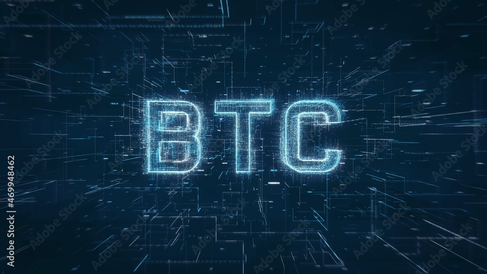 Poster BTC Bitcoin crypto currency title key word on a binary code digital network background