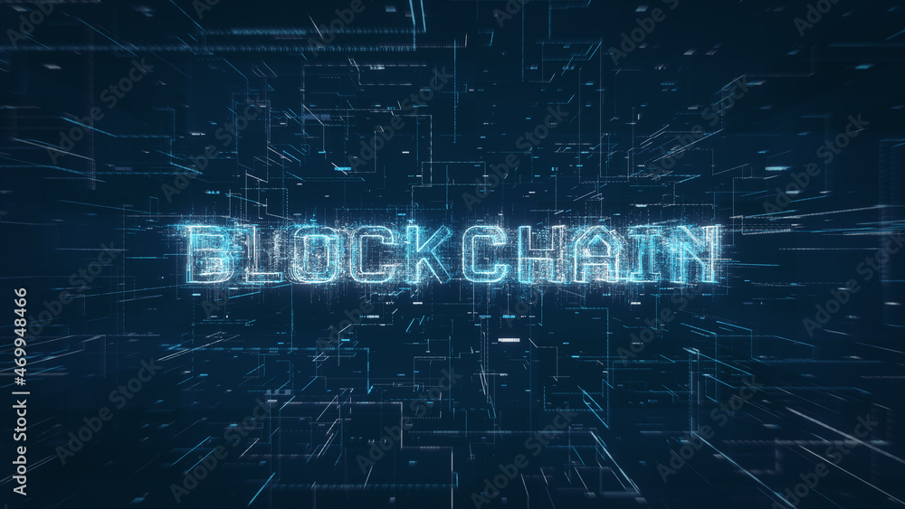 Poster Block Chain title key word on a binary code digital network background