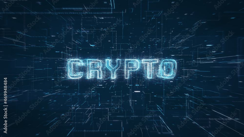 Poster crypto currency title key word on a binary code digital network background