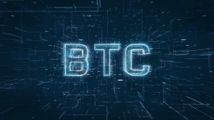 BTC Bitcoin crypto currency title key word on a binary code digital network background