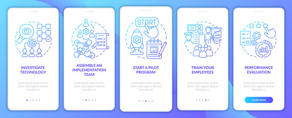 Implement technology steps onboarding mobile app page screen. Start pilot program walkthrough 5 steps graphic instructions with concepts. UI, UX, GUI vector template with linear color illustrations