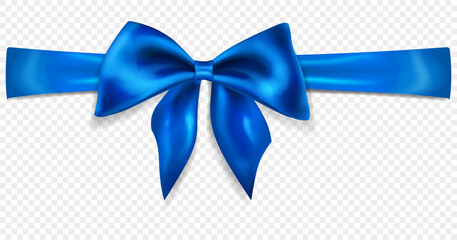 Beautiful blue bow with horizontal ribbon with shadow, isolated on transparent background. Transparency only in vector format