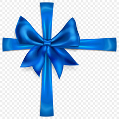 Beautiful blue bow with crosswise ribbons with shadow, isolated on transparent background. Transparency only in vector format