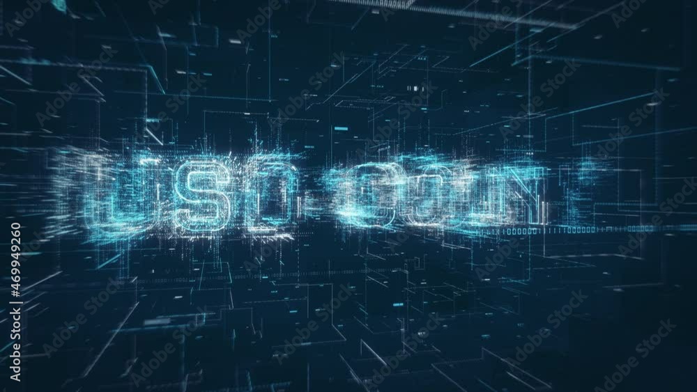 Poster USD Coin crypto currency title key word build up animation on a binary code digital network background