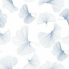 Gingko biloba seamless background pattern. Blue line leaves on white background.