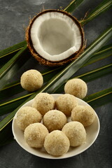 Homemade delicious coconut ladoo, motichoor, Indian traditional sweets.