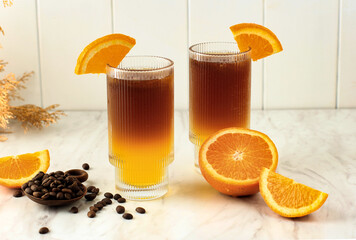 Iced Orange Espresso Coffee Mocktail Cold Brew Tonic Spritz on White Background, Concept Menu for...
