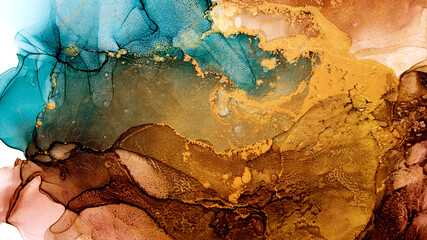 Alcohol Ink Abstract Texture Translucent. Shiny Golden Luxurious Metallic Marble. Modern Contemporary Fluid Art Technique. High Quality Details with Metallic Flecks. Multicolor Pattern. Wallpaper.