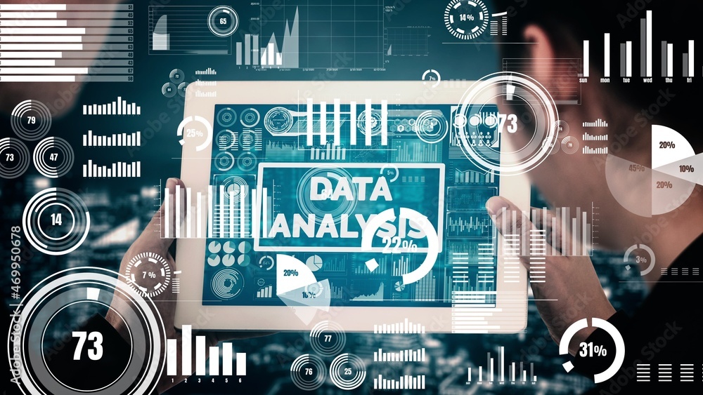 Poster data analysis for business and finance conceptual . graphic interface showing future computer techno