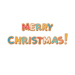 Vector illustration of merry Christmas lettering on white background. Inscription is made in the form of Christmas gingerbread decorated with colored icing. Idea for Christmas and New Year projects.