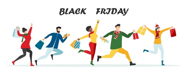 Fototapeta na wymiar Black Friday sale event. Flat characters of people with shopping bags. Big discount, advertising concept, advertising poster, banner. Vector.