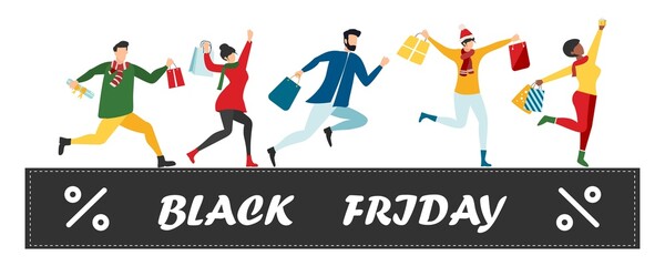 Black Friday sale event. Flat characters of people with shopping bags. Big discount, advertising concept, advertising poster, banner. Vector.