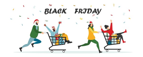 Black Friday sale event. Flat characters of people with shopping bags. Big discount, advertising concept, advertising poster, banner. Vector.