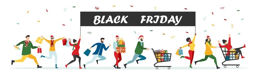 Black Friday sale event. Flat characters of people with shopping bags. Big discount, advertising concept, advertising poster, banner. Vector.