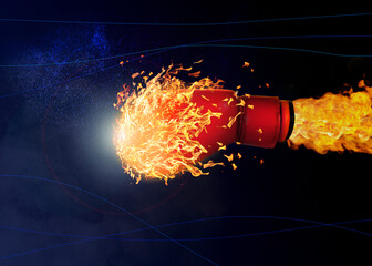 Boxing glove with flame flying on dark background