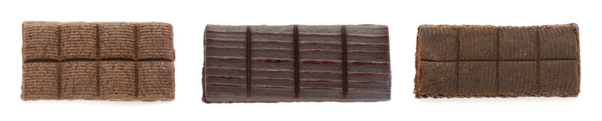 Set with hematogen bars on white background, top view. Banner design