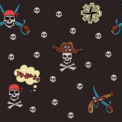 Vector doodle pirate seamless pattern. A map with a hand-drawn sketch of a mermaid ship and pirate items. Template for children s postcards. Map of treasure island. Doodle style.