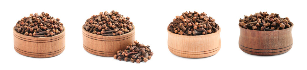 Set with aromatic dried cloves on white background. Banner design