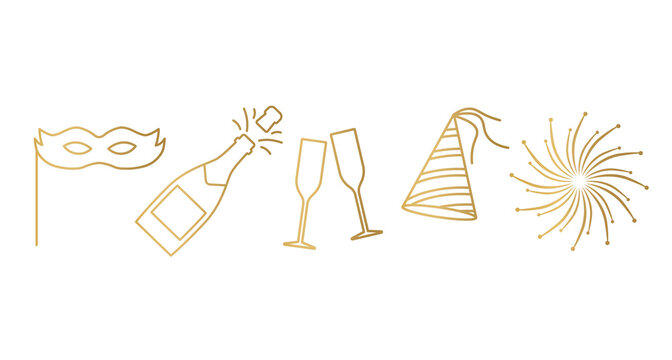 golden New Year Eve celebration elements: party mask, champagne, glasses, party hat and fireworks- vector illustration
