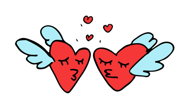Doodle two winged hearts nearby. The concept of love, relationships, trust. Vector sketch in cartoon style for Valentine's Day isolated on a white background.