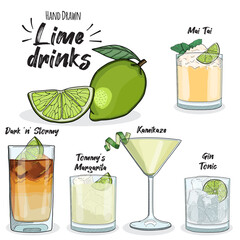 Lime Drinks Set Gin Tonic Dark n Stormy Kamikaze Mai Tai and Tommys Margarita