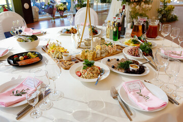 Table setting for an event party or wedding in the restaurant decorated 