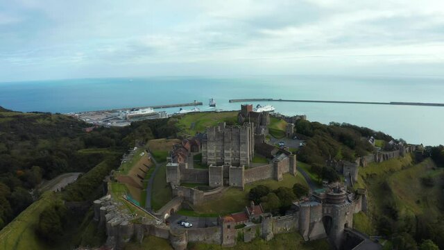 Aerial view of the Dover Castle. The most iconic of all English fortresses. English castle on top of the hill. 