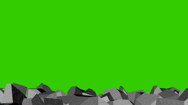 Wall thinning, large stones, explosion. 3d animation.  Chroma key, green screen. 