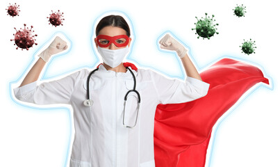 Doctor wearing face mask and superhero costume ready to fight against viruses on white background