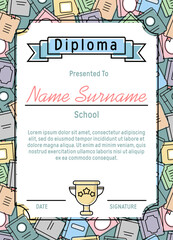 Children's diploma with multi-colored books and a gold champion cup, the concept of education and knowledge. Template for certificate, diploma, gratitude in vertical format. Vector illustration