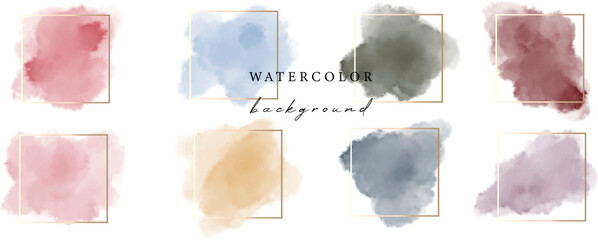 Vector watercolour backgrounds set on white background. Watercolor paint and gold square frame.	