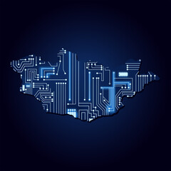 Contour map of Mongolia with a technological electronics circuit.