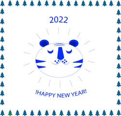 Blue tiger and numbers 2022 on a white background with chrismas trees around. Vector.
