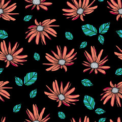 Vector textured painted flower seamless pattern background with hand drawn elements