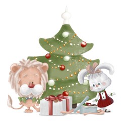 Cute little lion and rabbit with gift boxes near Christmas tree. Christmas and New Year coloured illustration for banner, cards, product design. Collection of animals in cartoon style