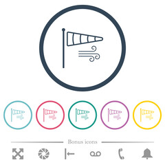 Windsock indicator with wind outline flat color icons in round outlines