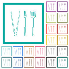 Barbecue tongs and fork and spatula flat color icons with quadrant frames