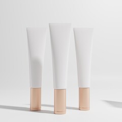 three cosmetic tubes a front view with gold cap for mockup 3d render